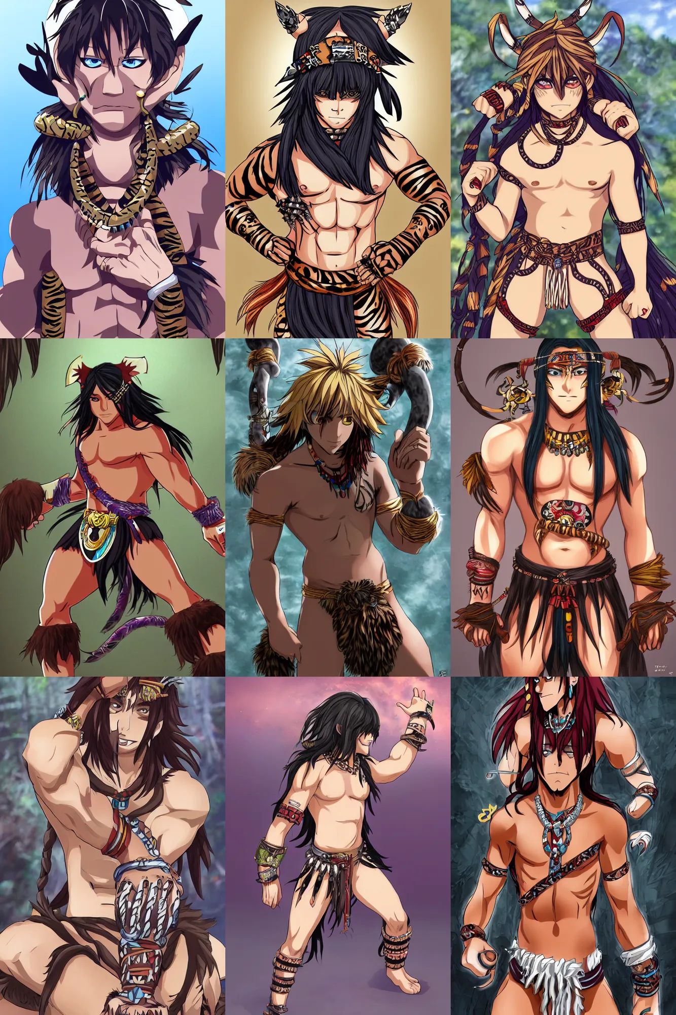 Prompt: anime tribal boy with long hair, loincloth, wearing tiger paws and claws as gauntlet, trending on pixiv