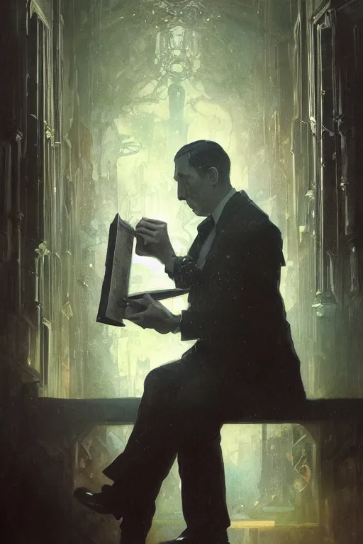 Prompt: , h p lovecraft reading an ancient tome at a victorian study hyperrealistic portrait, bladerunner street, art of elysium by jeremy mann and alphonse mucha and greg rutkowski, fantasy art, photo realistic, dynamic lighting, artstation, poster, volumetric lighting, very detailed face, 4 k, award winning