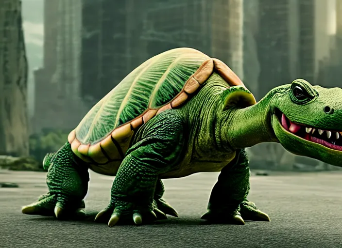 Image similar to film still of yoshi in the new sci - fi movie, cute upright dinosaur with a small turtle shell and long tongue, 8 k