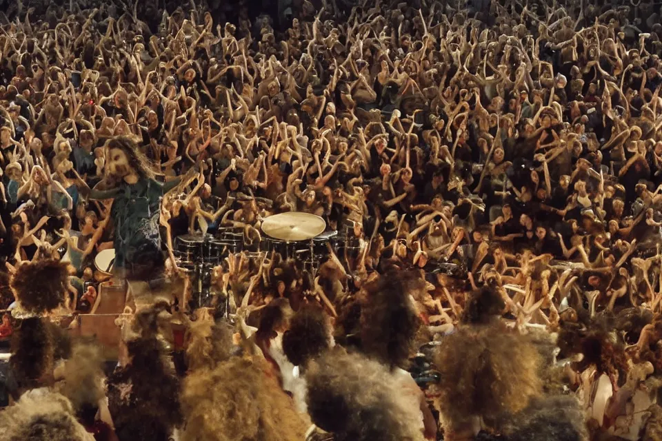 Prompt: a claymation film still of a curly long hair drummer playing the drum set in a big arena stage with a crowd of fans. claymation by bruce bickford