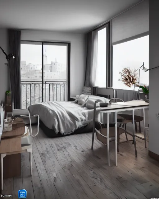 Prompt: one room apartment, bed, kitchen, door to balcony, cramped, unreal engine 5, hyper realism, realistic shading, cinematic composition, blender render, octane render, hdr, detailed textures, photorealistic, wide shot