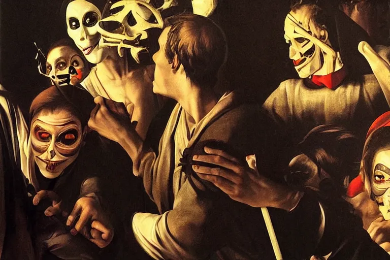 Image similar to the night of the purge,, highly detailed, 8 k resolution, art by caravaggio, modern art, optical illusion