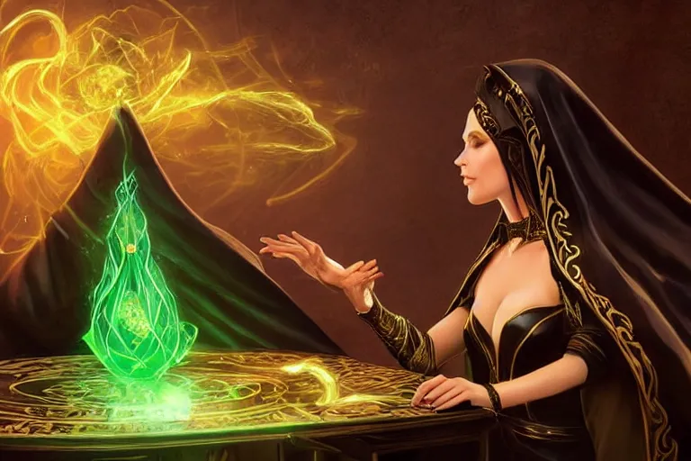 Image similar to a beautiful sorceress wearing a black robe with gold embroidery, sitting at table, casting a spell, green glows, painted by artgerm, in the style of magic the gathering, highly detailed digital art