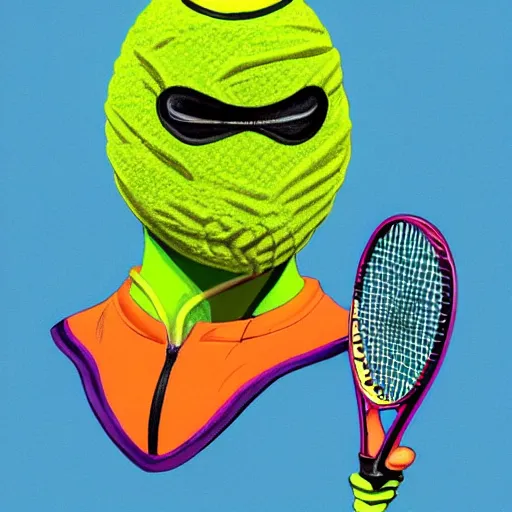 Image similar to a tennis ball monster with a tennis racquet, bust shot, balaclava, face covered, smooth, intricate, elegant, power aura, digital painting, artstation, concept art, sharp focus, illustration, art by basil gogos - h 6 4 0