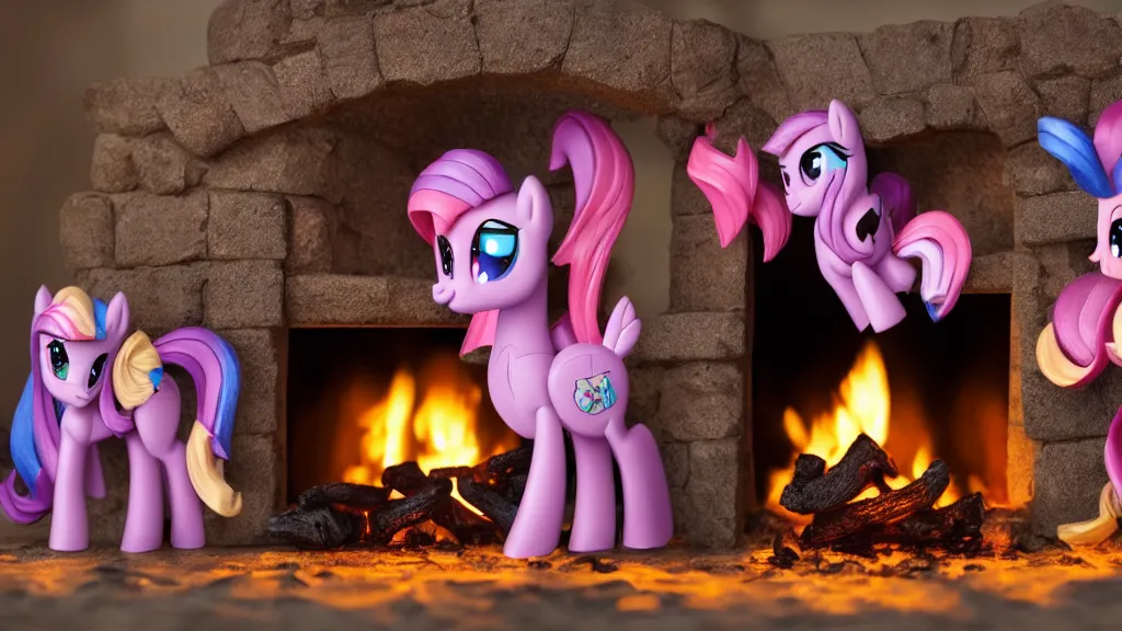 Prompt: A very very very very very beautiful and wholesome scene of My Little Pony figurines in front of a lit fireplace, 4k, 8k, photography, warm lighting, detailed eyes