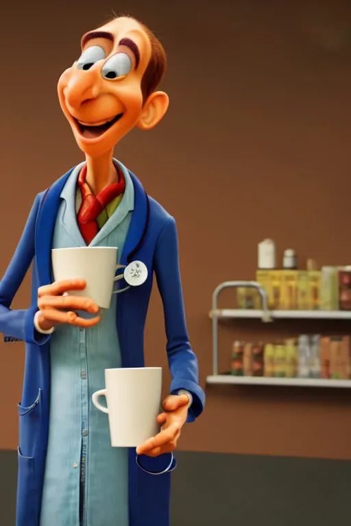 Prompt: portrait of the crazy doctor holding a cup of coffee, hospital in background, full body. pixar disney 4 k 3 d render funny animation movie oscar winning trending on artstation and behance. ratatouille style.