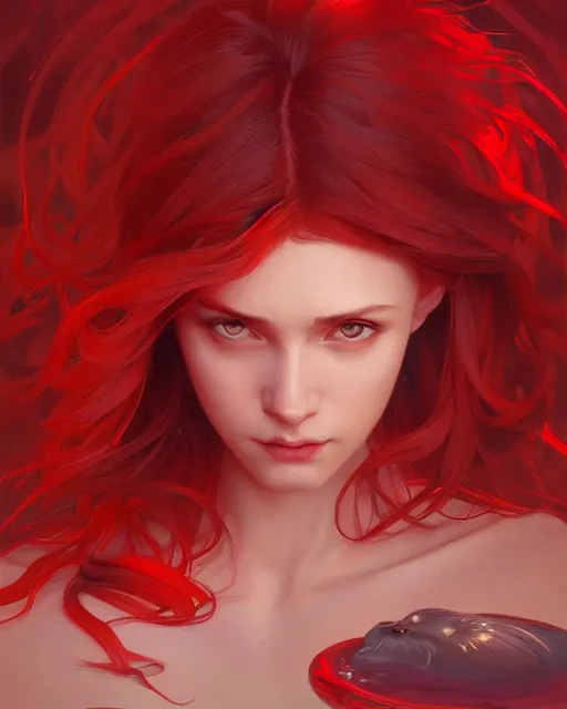 Image similar to emily rajtkowski, lake, red, highly detailed, digital painting, artstation, concept art, smooth, sharp focus, illustration, art by artgerm and greg rutkowski and alphonse mucha