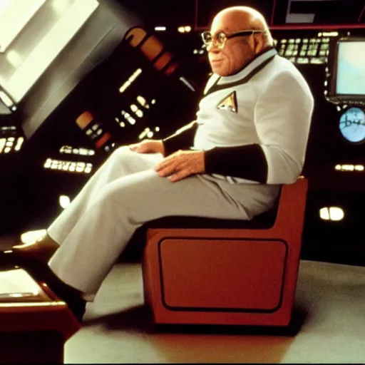 Image similar to captain danny devito sitting in the captains chair of the USS Enterprise, Star trek, still, star trek the next generation