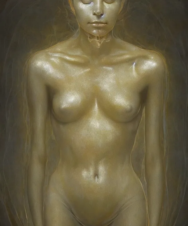 Image similar to Beautiful full-body wax sculpture of glowing transparent woman with visible gold bones covered with melted white wax inside the singularity where stars becoming baroque folds of dark matter by Michelangelo da Caravaggio, Nicola Samori, William Blake, Alex Grey and Beksinski, dramatic volumetric lighting, highly detailed oil painting, 8k, masterpiece