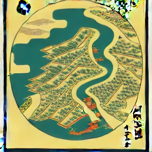 Prompt: propaganda poster of an abstract high resolution map of the banana city in Ukiyo-e style, HD