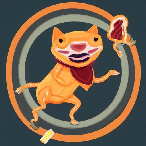 Image similar to anthropomorphic bacon strip, the bacon is sword fighting an orange tabby, realism