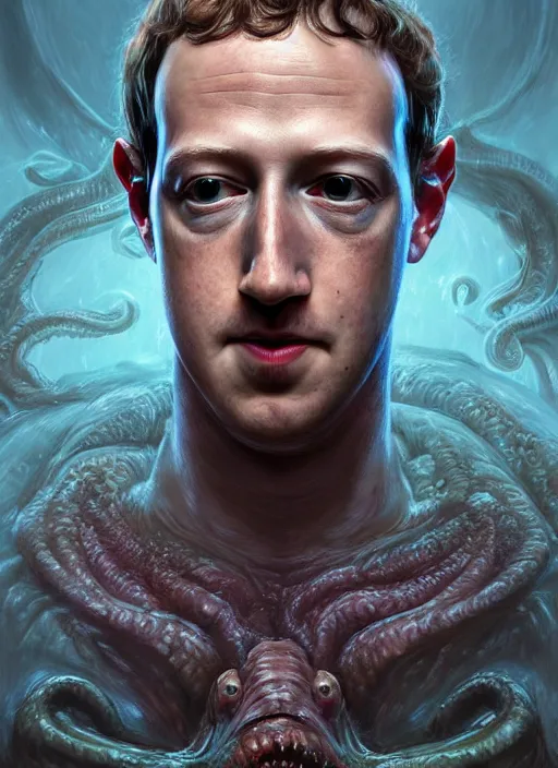 Image similar to portrait of mark zuckerberg as cthulhu, hyper detailed, digital art, trending in artstation, cinematic lighting, studio quality, smooth render, unreal engine 5 rendered, octane rendered, art style by klimt and nixeu and ian sprigger and wlop and krenz cushart.