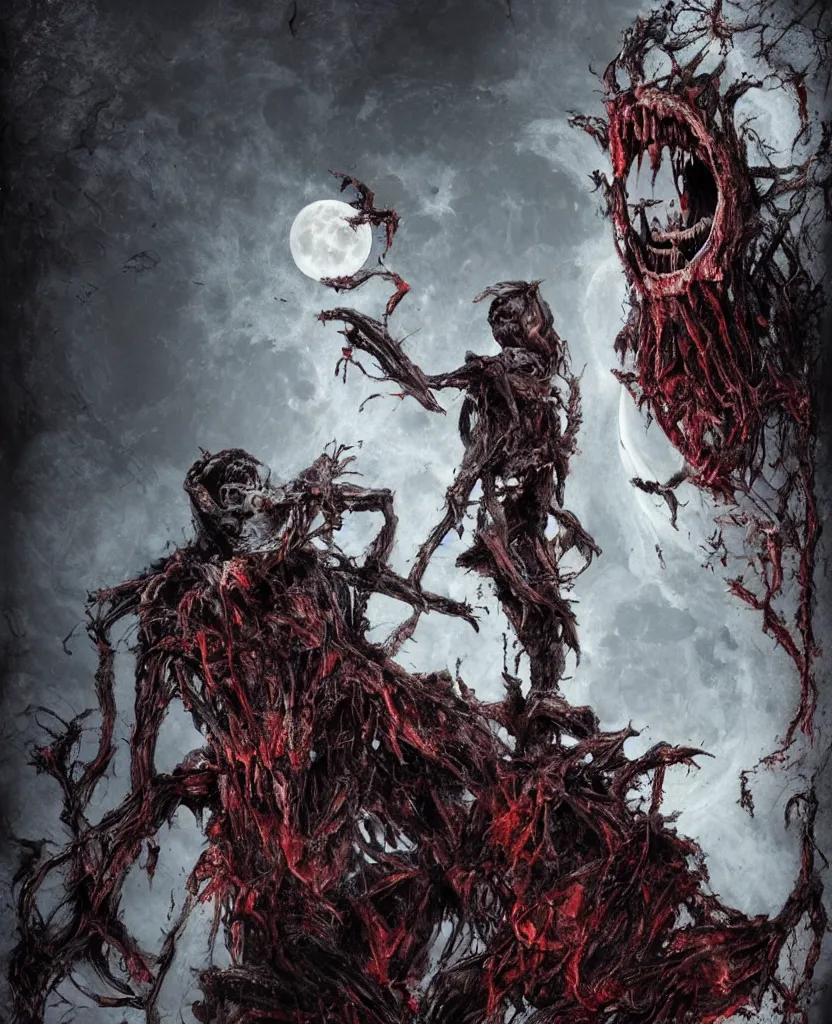 Image similar to moon made from thousands of rotten demonic bloody corpses of Nicolas Cage, body horror, flesh, blood, grotesque hell, highly detailed, vivid colors, dark shadows, contrast, concept art, sharp focus, digital art, Hyper-realistic, 4K, Unreal Engine, Highly Detailed, Dramatic Lighting, Beautiful, by Brom, bastien lecouffe-deharme