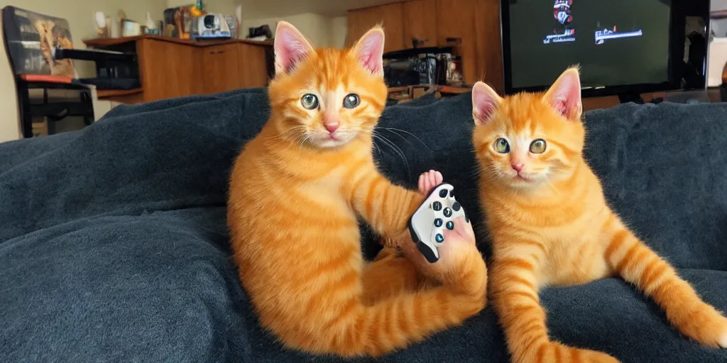 Prompt: an orange tabby kitten playing video games by richard scary