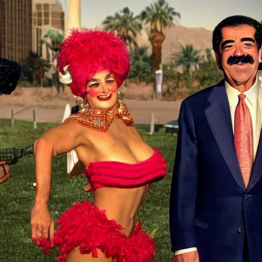 Prompt: UHD candid photo of Saddam Hussein and Joe Biden with a Vegas showgirl, accurate faces, UHD, photorealistic, correct face, photo by Annie Leibowitz