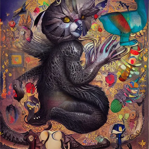 Prompt: strange mythical beasts of whimsy, surreal dark uncanny mixed media colllage by Ronny Khalil