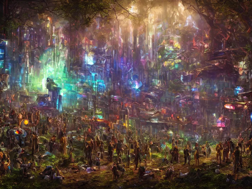 Image similar to a hyper realistic oil painting of a mystical cyberpunk tribe gathering at a magical location in the forest lit by fire and intense laser lights extreme wide angle view from a disk jockey's point of view