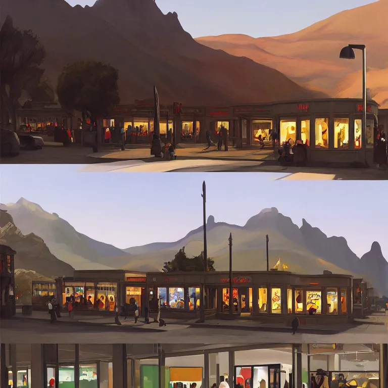 Image similar to apple store in Middle Earth Lord of the Rings, painted by Edward Hopper, painted by James Gilleard, airbrush