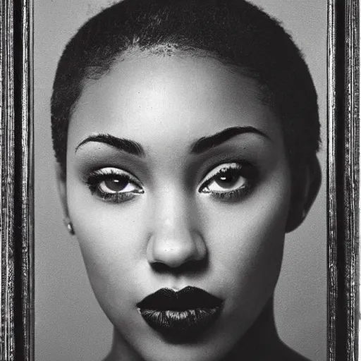 Image similar to a masterpiece portrait photo of a beautiful young woman who looks like a black miley cyrus, symmetrical face