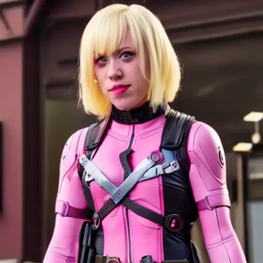 Image similar to A still of Gwenpool in Deadpool 3 (2023), blonde hair with pink highlights, no mask, looking directly at the camera