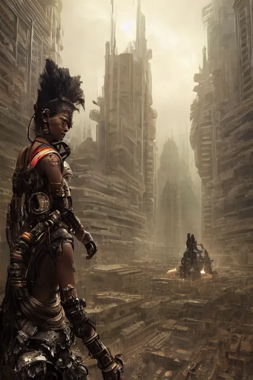 Prompt: a portrait of a tribal women with sci-fi armour standing in the foreground of a mechanical city by Greg Rutkowski, Sung Choi, Mitchell Mohrhauser, Maciej Kuciara, Johnson Ting, Maxim Verehin, Peter Konig, final fantasy , mythical, 8k photorealistic, cinematic lighting, HD, high details, atmospheric,