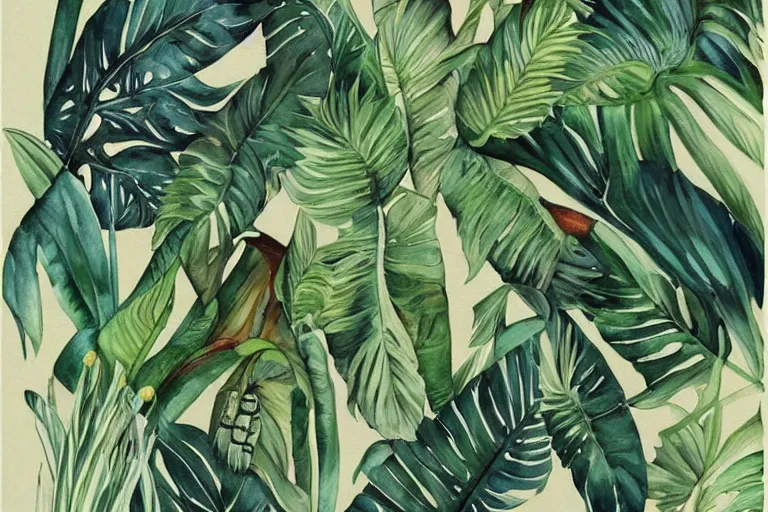 Image similar to watercolor artwork of exotic, elegant tropical prints : : green, art nouveau, trending on artstation