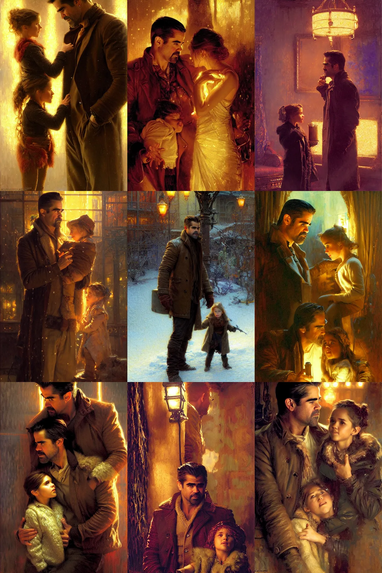 Prompt: winter, colin farrell with jessica alba woman, with a kid, neon light, detailed faces, painting by gaston bussiere, craig mullins, j. c. leyendecker