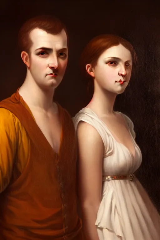 Image similar to a portrait of Satan and his wife, white eyes, bored, illustration, soft lighting, soft details, painting oil on canvas by Edmund Blair Leighton and Charlie Bowater octane render, HDR, trending on artstation, 4k, 8k, HD