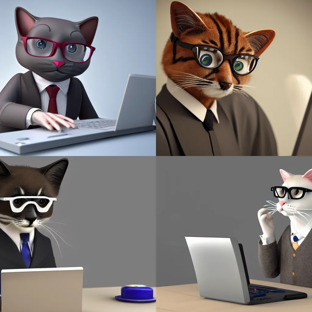 Prompt: anthropomorphic cat wearing glasses working at a computer realistic detailed 4k 3d render