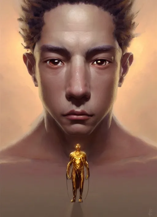 Image similar to a portrait of a golden sage child with an enormously large head, an ancient pale sage child with a third eye, highly detailed, digital painting, artstation, concept art, intricate, elegant, smooth, sharp focus, art by wlop, mars ravelo and greg rutkowski and craig mullins