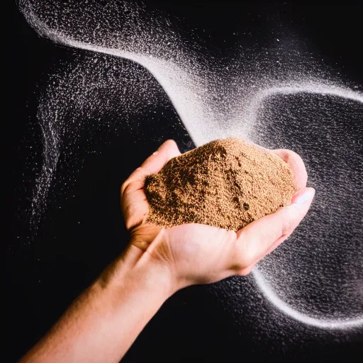 Prompt: a photo of the hands of a magician manipulating a smooth dough floating and spinning in the air, black background, flour dust spray, backlit, high quality action photography, studio photo, 50mm