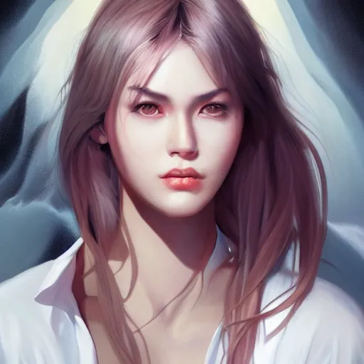 Image similar to a painting of a woman in a white shirt, a character portrait by Artgerm, cg society contest winner, fantasy art, reimagined by industrial light and magic, poster art, concert poster