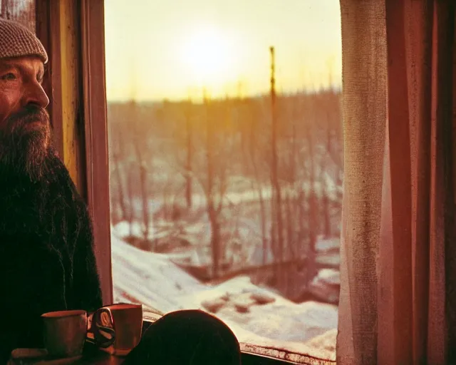 Image similar to lomographic tarkovsky film still of 4 0 years russian man with beard and sweater standing on small hrushevka 9 th floor balcony with cup of tea in winter taiga looking at sunset, cinestill, bokeh