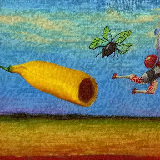 Image similar to oil painting impressionist stopwatch and banana flying through the air, ( bugs buzzing around ), whimsical, detailed,