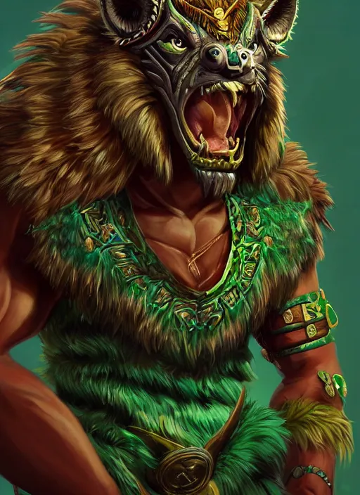 Image similar to a highly detailed illustration of fierce aztec tribal boy wearing green wolf mane, heroic roaring wielding aztec club pose, muscular, intricate, elegant, highly detailed, centered, digital painting, artstation, concept art, smooth, sharp focus, league of legends concept art, wlop