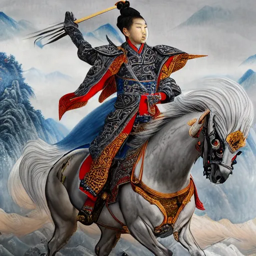 Image similar to dynamic composition, motion, ultra-detailed, incredibly detailed, a lot of details, amazing fine details and brush strokes, colorful and grayish palette, smooth, HD semirealistic anime CG concept art digital painting, watercolor oil painting of a Tang Ming dynasty chinese tao fantasy general wearing armor, from Three Kingdoms, by a Chinese artist at ArtStation, by Huang Guangjian, Fenghua Zhong, Ruan Jia, Xin Jin and Wei Chang. Realistic artwork of a Chinese videogame, gradients, gentle an harmonic grayish colors.