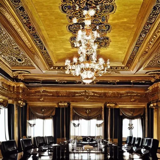 Prompt: board room inside a secret society, illuminati, chandelier, massive, beautiful, ominous, painting on the ceiling, perspective of a guest sitting down