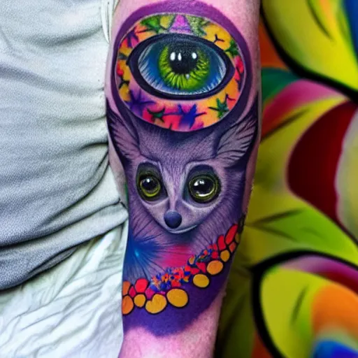 Prompt: shoulder tattoo of a multicolored trippy furry bushbaby with rainbow colored spiral eyes, surrounded with colorful leaves and flowers, insanely integrate