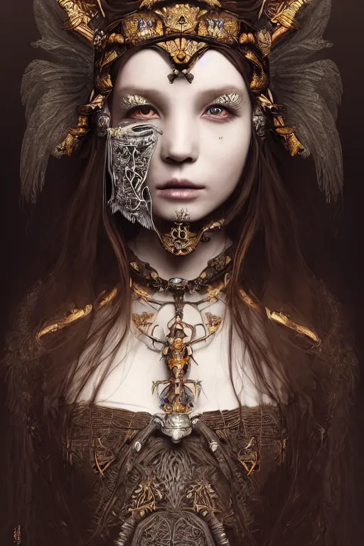 Image similar to A masterpiece ultrarealistic portrait of a Irristible angel princess tribal-shaman-knight-witch-ghost with Skull Iron mask. baroque renaissance girl in the night forest. medium shot, intricate, elegant, highly detailed. trending on artstation, digital art, by Stanley Artgerm Lau, WLOP, Rossdraws, James Jean, Andrei Riabovitchev, Marc Simonetti, Yoshitaka Amano. background by James Jean and Gustav Klimt, light by Julie Bell, 4k, porcelain skin.