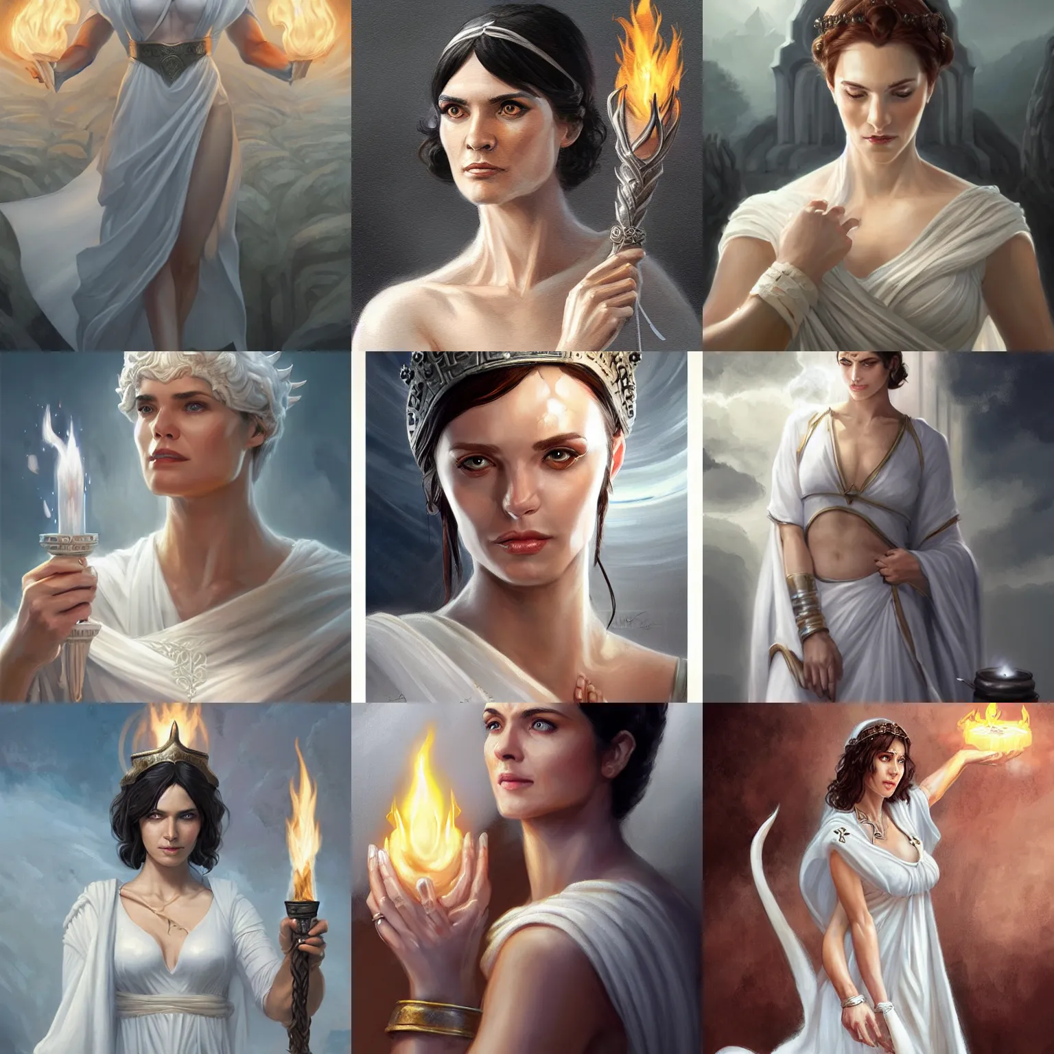 Image similar to hestia, helen mcrory, old greek goddess, white tunic, sacred flame, d & d, fantasy, portrait, highly detailed, digital painting, trending on artstation, concept art, sharp focus, illustration, art by artgerm and greg rutkowski and magali villeneuve