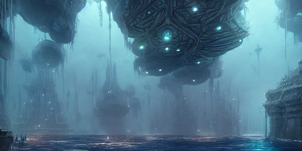 Image similar to underwater city, style epic, symmetrical, insanely detailed, style of charlie bowater, kelly mckernan, unreal engine render, artstation trend, hyper detail, epic art style, cinematic, concept art