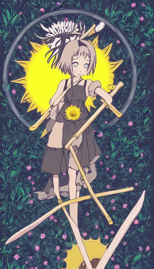 Image similar to the being death as a cute anime girl with a giant cute sun flower scythe from a studio ghibli film inspired by the death tarot card, dark ambiance