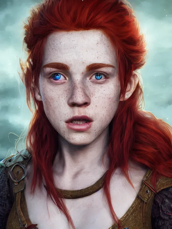Image similar to portrait art of red - haired halfling bard 2 1 year old!! freckles!!, 8 k ultra realistic, atmosphere, glow, detailed, intricate, full of colour, cinematic lighting, trending on artstation, 4 k, hyperrealistic, focused, extreme details, unreal engine 5, cinematic, masterpiece