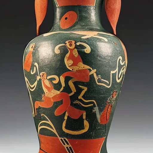 Image similar to medium-shot studio photo of an ancient greek vase with frogs and ornaments, British museum,