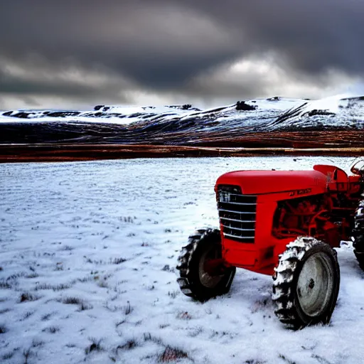 Image similar to a wide angle HDR photograph of a red tractor in a field in Iceland, snowy mountain backdrop with moody clouds, shot from low angle