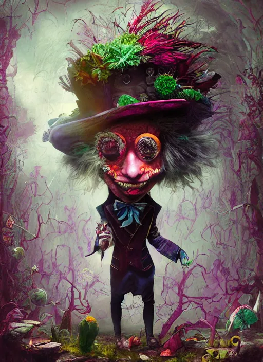 Image similar to mad hatter, solarpunk style, highly detailed, cinematic, 8 k, by megan duncanson, benjamin lacombe, adrian borda, stanley artgermm, tom bagshaw, craig mullins, carne griffiths, ayami kojima, beksinski, giger, trending on deviantart, hyper detailed, horror, full of colour