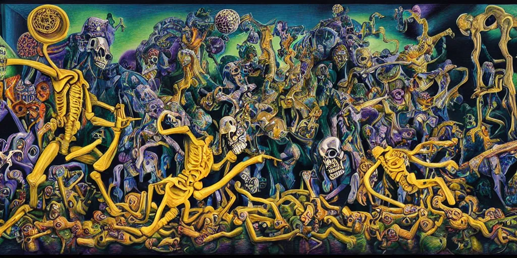 Image similar to Action scene from the film ghost in the machine with skeletons dancing in front of a waterfall, imaginary animals, golden hour, backlit by an alien planet, sharp focus, psychedelic manga, gauche on paper by salvidor dali, abstract oil painting by Raqib Shaw, MC Escher illustration