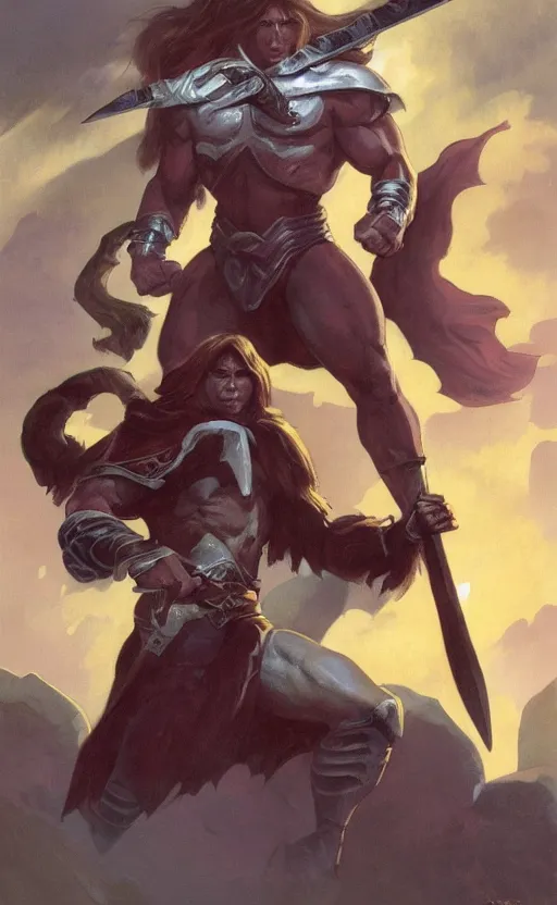 Prompt: Full body centered uncut character pose of mysterious-eerie-ominous He-Man, He-Man is holding the Power Sword in his right hand, Battle Cat, dark grey shadowy smokey background, direct natural lighting, cinematic, Epic, ultra-detailed, sharp focus, colored illustration, artwork by Jordan Grimmer and Greg Rutkowski and Alphonse Mucha