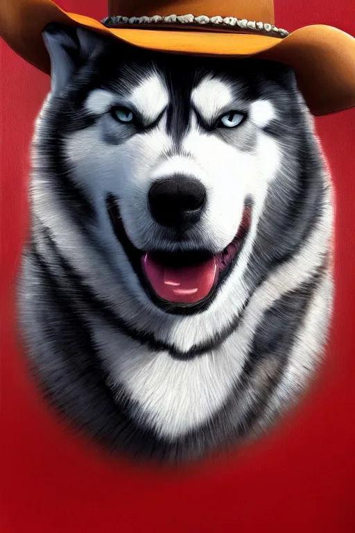 Prompt: a portrait painting of a husky in cowboy costume, wearing a cowboy hat, in the style of anime, [ western film ], [ red dead ], trending on artstation