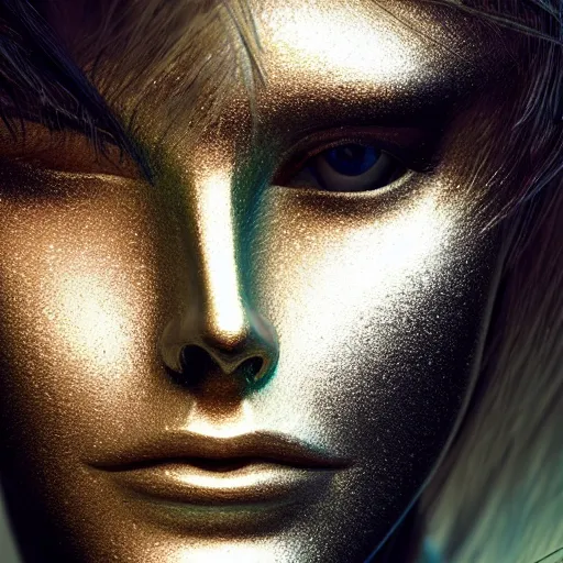 Image similar to beautiful pragmatic face, crystal, platinum, gold, biomechanoid with incredible iridescent pearlescent voluminous fiberoptic hair, crystalline masterpiece implants, hyperdetailed face, elegant pose, movie still, intricate, octane render, cinematic forest lighting, unreal engine, dieselpunk setting, crepuscular rays, god rays.